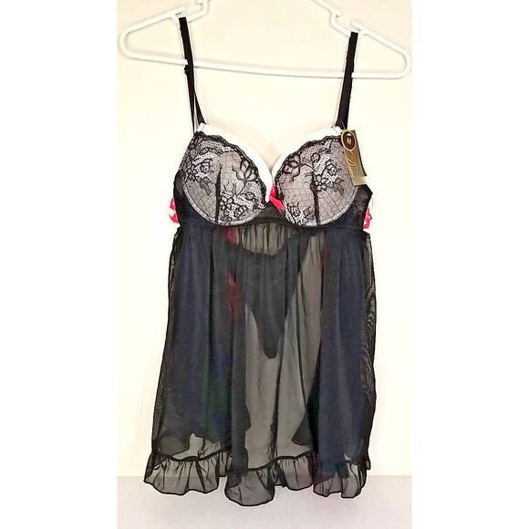 True Desire Babydoll Lingerie NWT Black Sheer Lace Push Up Wired Medium      T28 - Picture 1 of 9